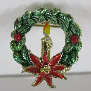 Beatrix Christmas Wreath Pin Brooch Poinsettia & Candle Enamel Gold Tone Vintage